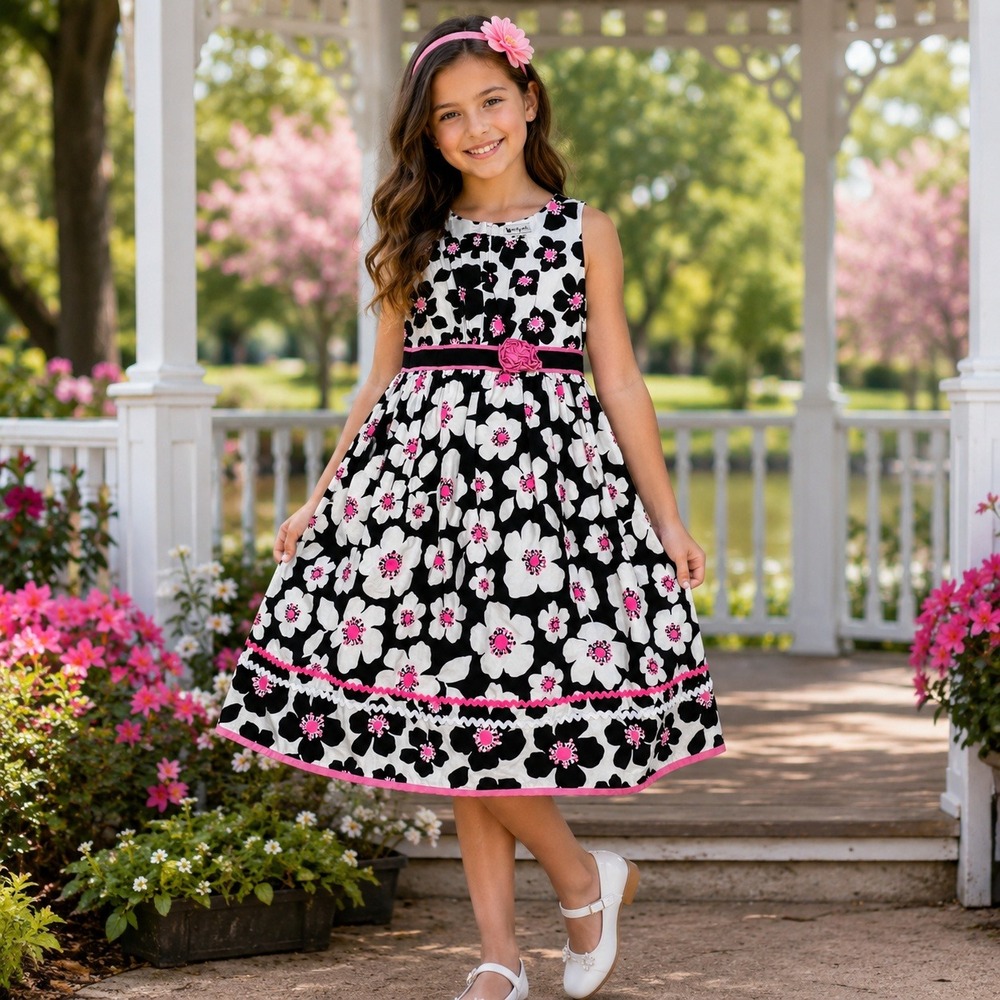 Emily West Girls Size‎ 12 Black White Pink Floral Rosette Ric-Rac Cotton Dress